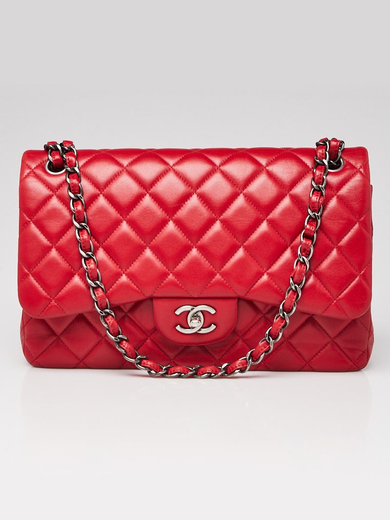 Chanel Red Quilted Lambskin Leather Classic Jumbo Double Flap Bag