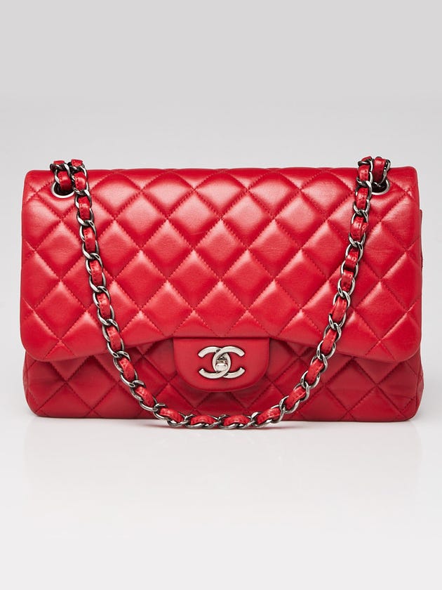 Chanel Red Quilted Lambskin Leather Classic Jumbo Double Flap Bag
