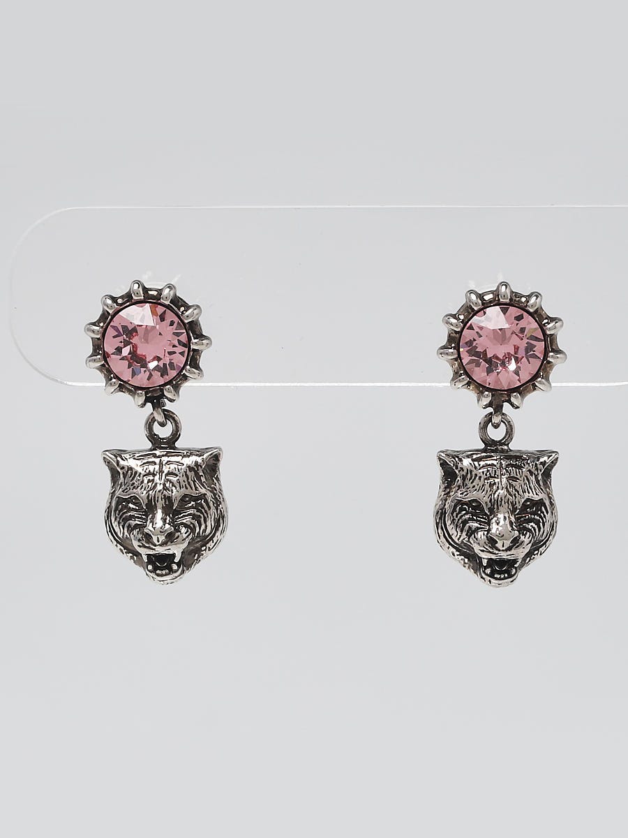 Gucci Pink Crystal Feline Head Drop Earrings - Yoogi's Closet