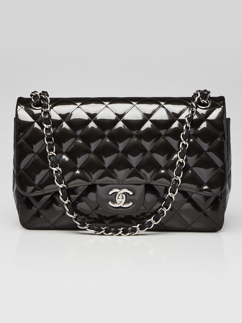 Chanel Black Striated Quilted Patent Leather Classic Jumbo Double Flap ...