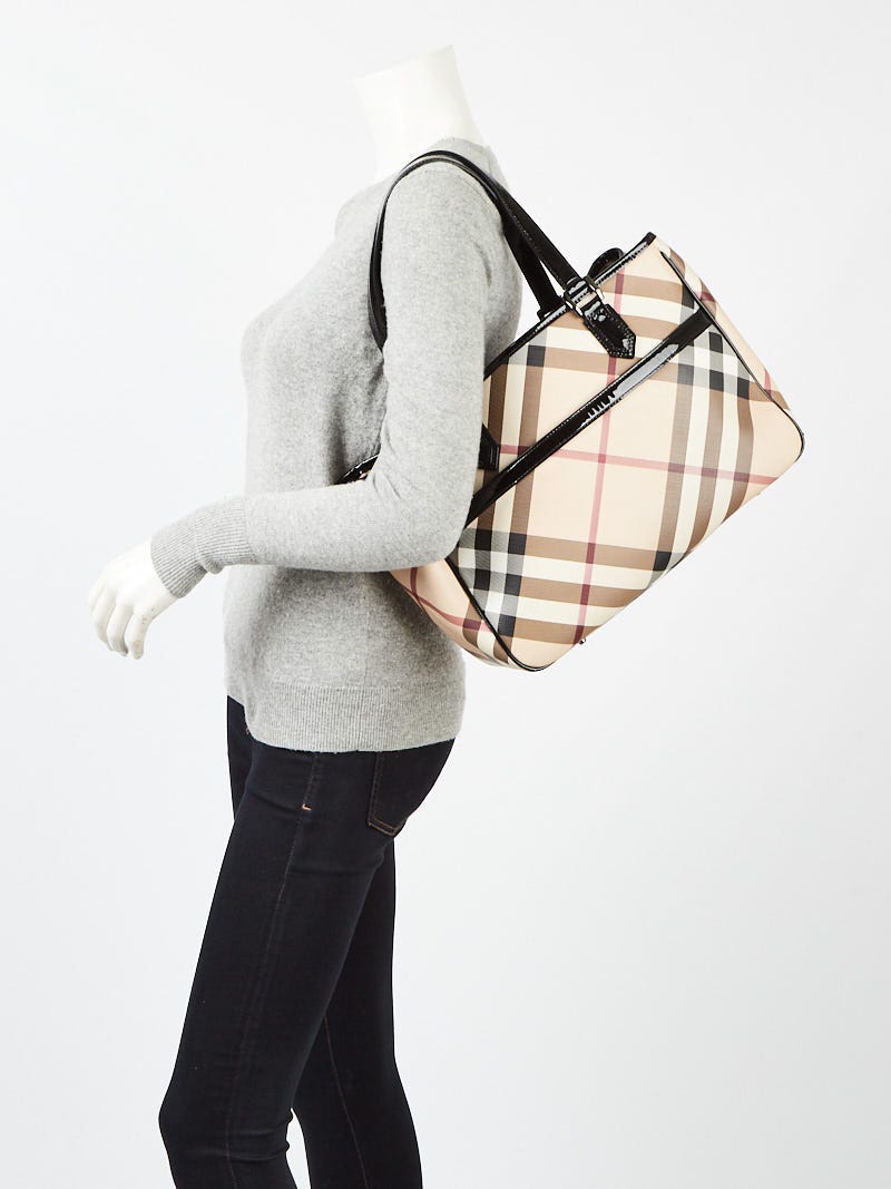 Burberry Black Patent Leather Nova Check Coated Canvas Tote Burberry Black Patent Leather Nova Check Coated Canvas Tote