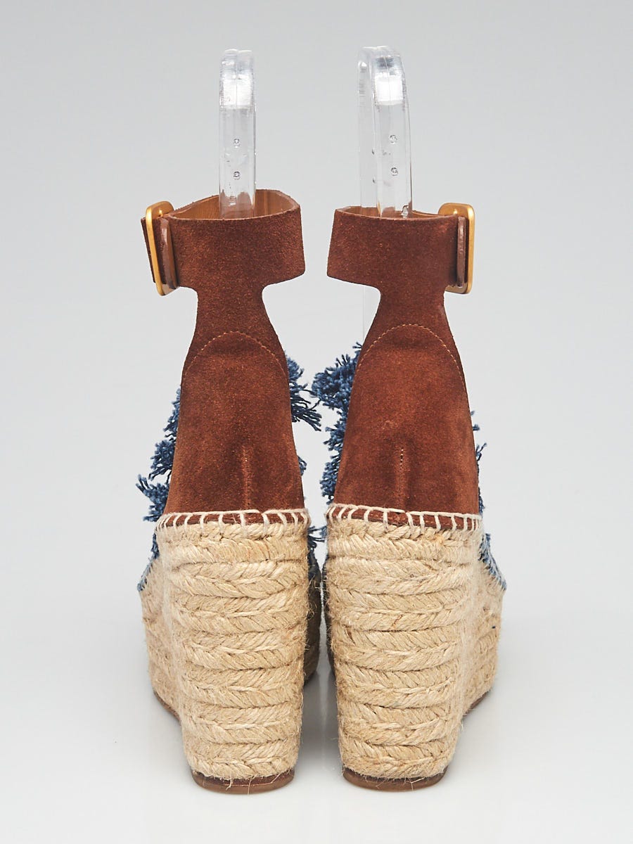 Chloe Frayed Denim Espadrille Sandal, Blue/Coffee