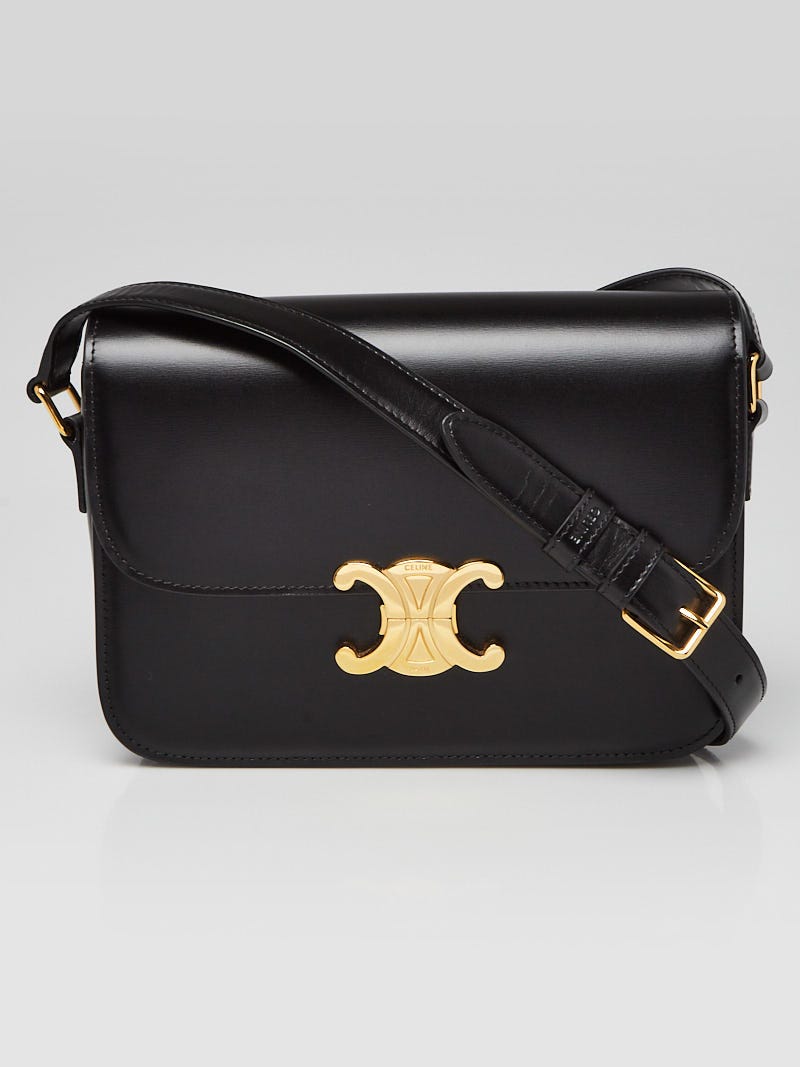 Celine Black Smooth Leather Triomphe Medium Shoulder Bag - Yoogi's Closet