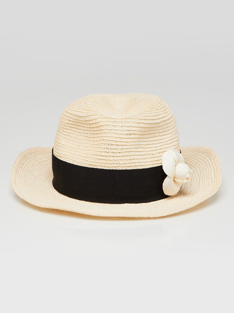 Chanel Ivory Straw Camellia Boater Hat Size S - Yoogi's Closet