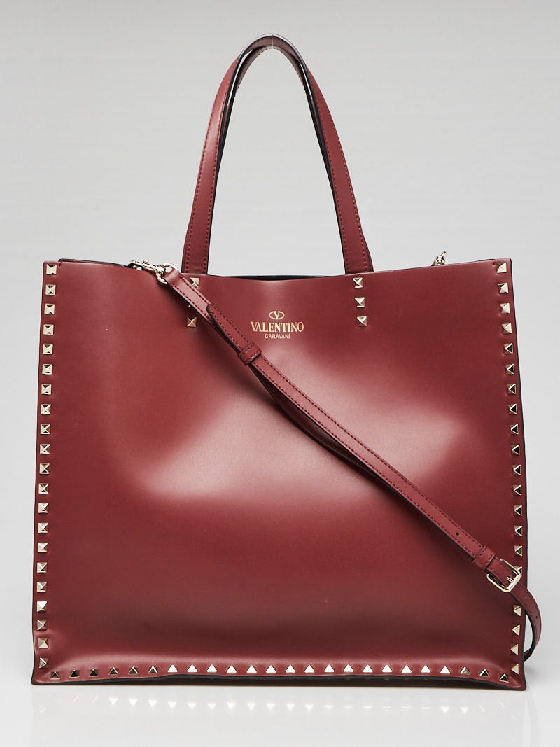 Valentino Burgundy Smooth Leather Rockstud Tote Bag