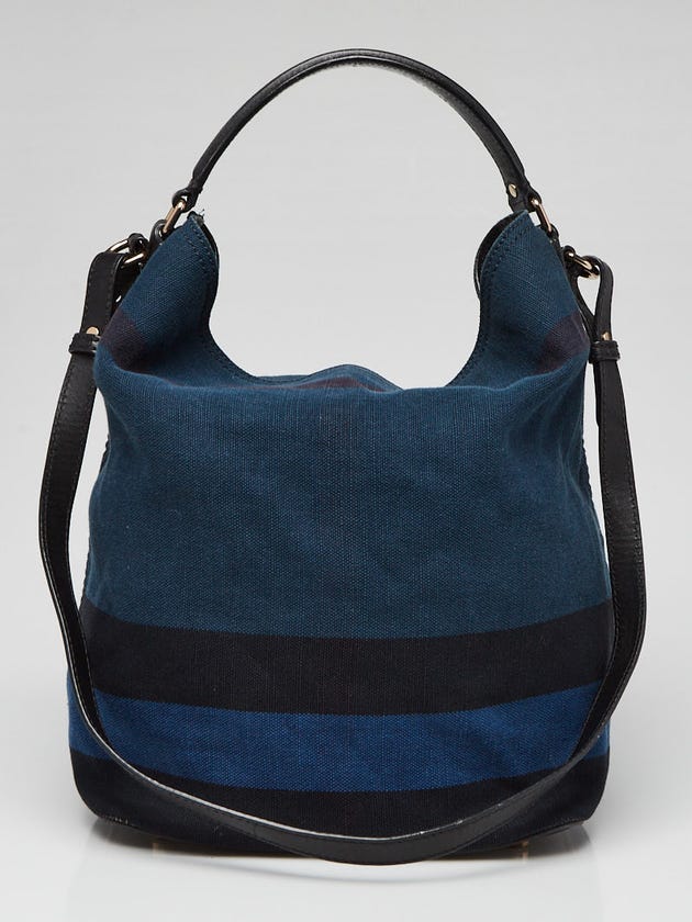Burberry Navy Blue Check Canvas Medium Susanna Bucket Bag