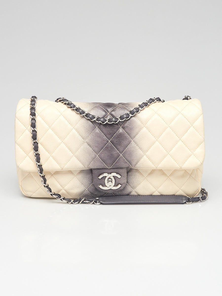 Chanel Ivory/Grey Ombre Stripe Quilted Caviar Leather Jumbo Flap
