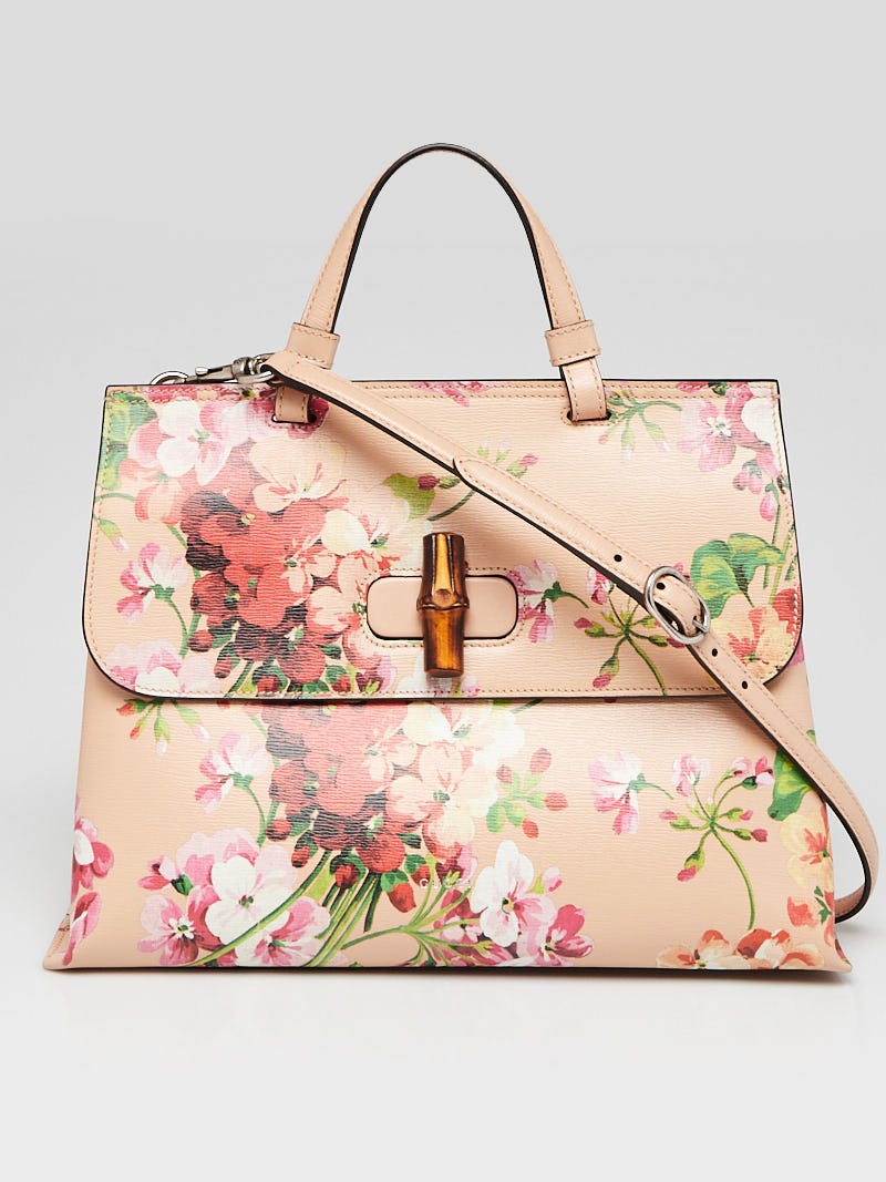 Gucci Pink Blooms Printed Leather Bamboo Daily Top Handle Bag