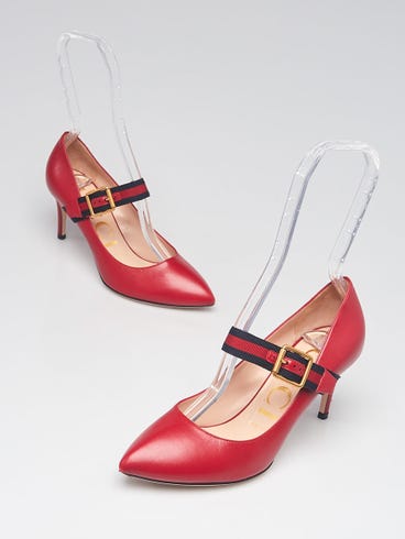 Gucci Red Leather Sylvie Vintage Web Strap Pumps Size 5.5/36