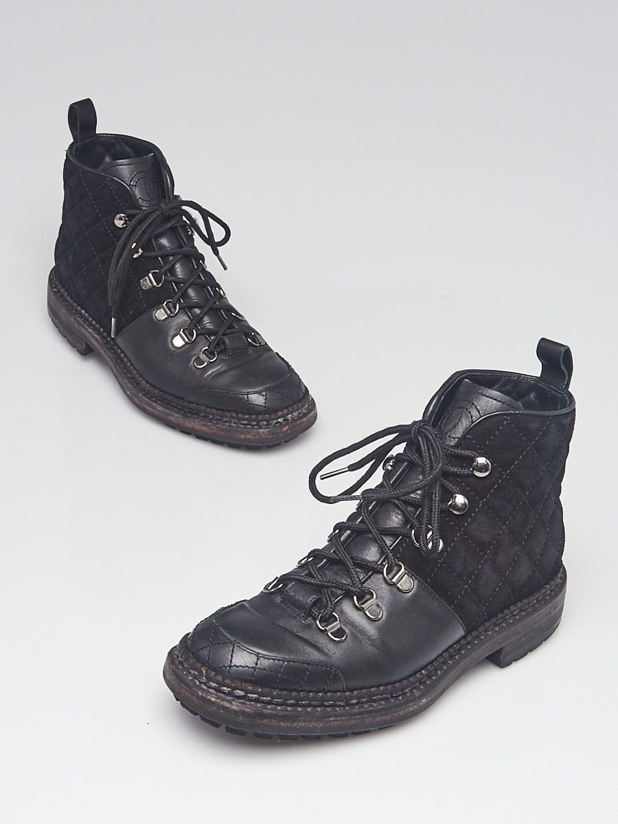 Chanel Black Quilted Suede and Leather Lace-Up Ankle Boots Size