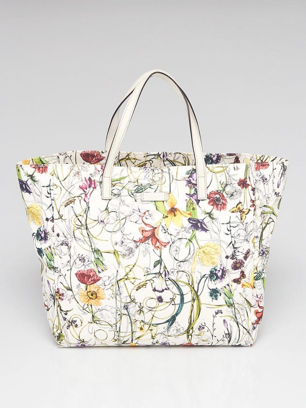 Gucci White Botanical Floral Printed Canvas Medium Tote Bag
