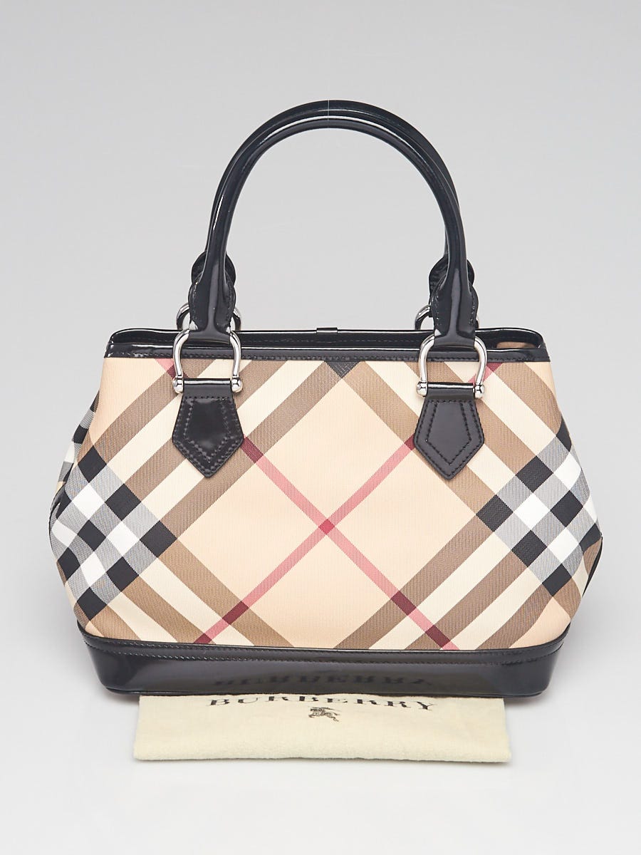バッグ Burberry Burberry Black Patent Leather Nova Check Coated Canvas Satchel Bag