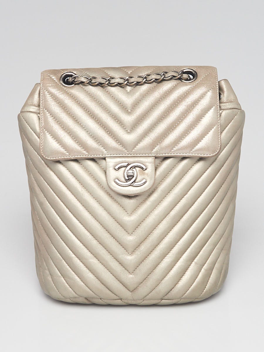 Chanel Silver Chevron Quilted Iridescent Calfskin Leather Urban