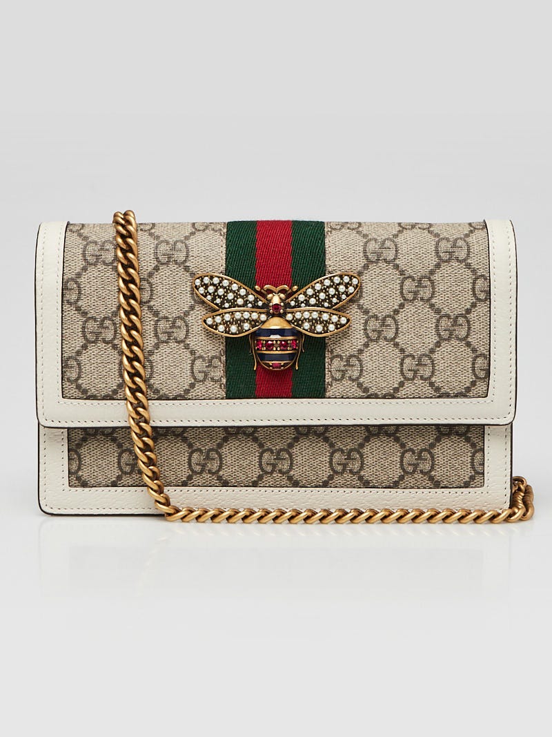 Gucci Beige GG Supreme Canvas and Leather Web Queen Margaret Wallet on Chain  at 1stDibs