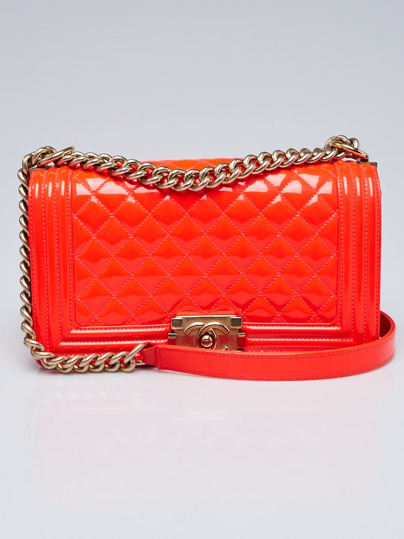 Chanel Fluo Orange Quilted Patent Leather Medium Boy Bag - Yoogi's Closet