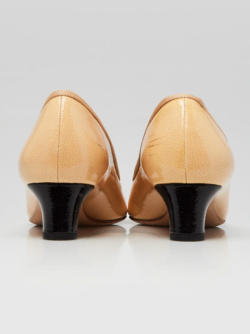 Chanel Beige/Black Textured Patent Leather Cap Toe Low Heel