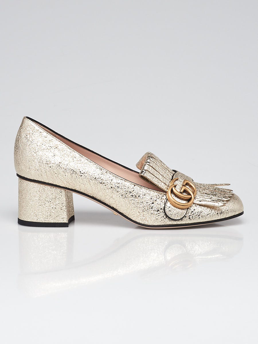 Gucci Gold Textured Leather Marmont Mid Heel Loafers Size 9