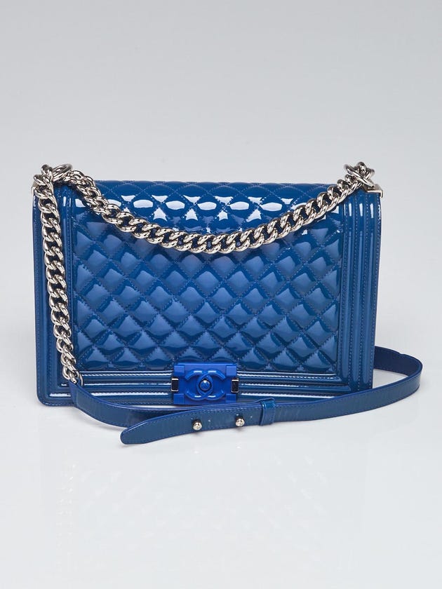 Chanel Blue Quilted Patent Leather New Medium Plexiglass Boy Bag