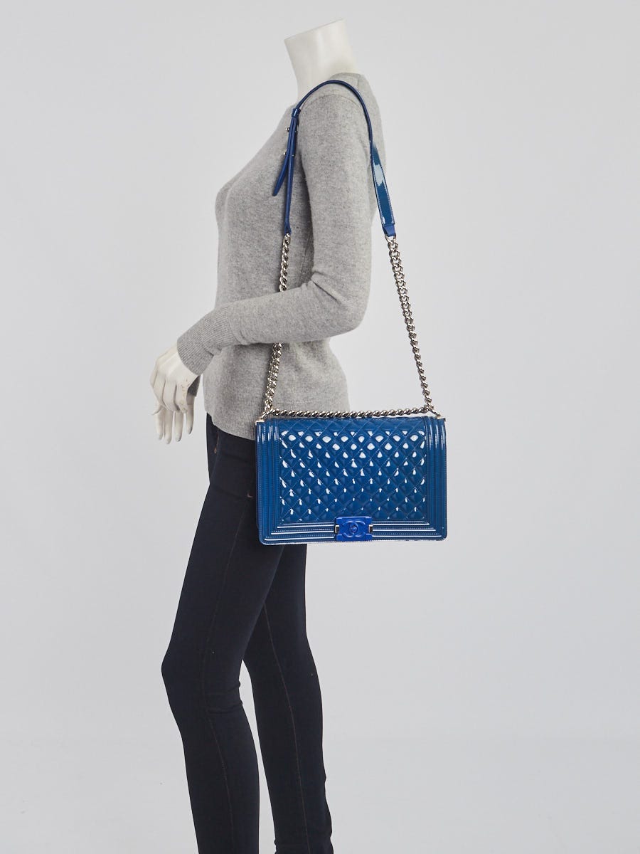 Chanel Blue Quilted Patent Leather New Medium Plexiglass Boy Bag	