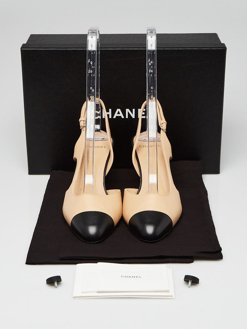 Chanel Beige/Black Lambskin Leather Cap Toe Slingback Pumps Size