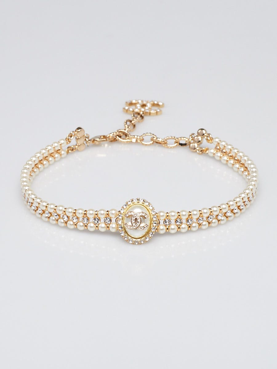 Chanel Goldtone Metal Glass Pearl and Crystal Double Strand CC Choker  Necklace - Yoogi's Closet