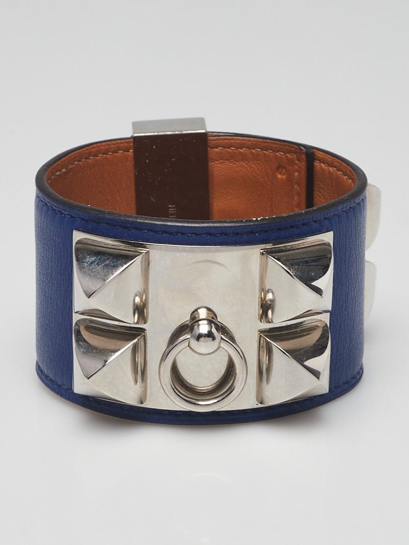 Hermes Bleu Electrique Swift Leather Palladium Plated Collier de Chien  Bracelet Size S - Yoogi's Closet