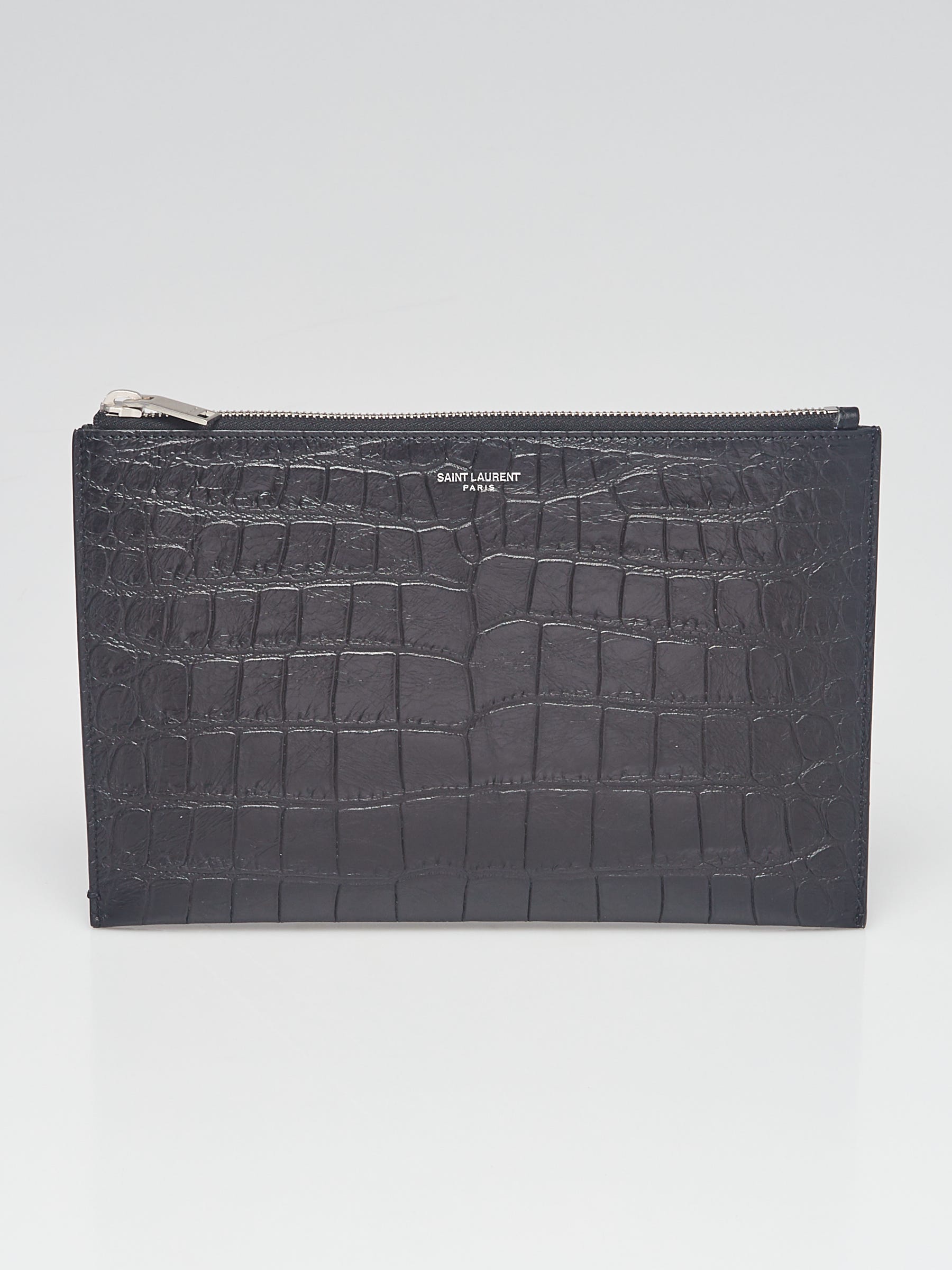 Yves Saint Laurent Black Croc Embossed Leather Zipped Mini Tablet
