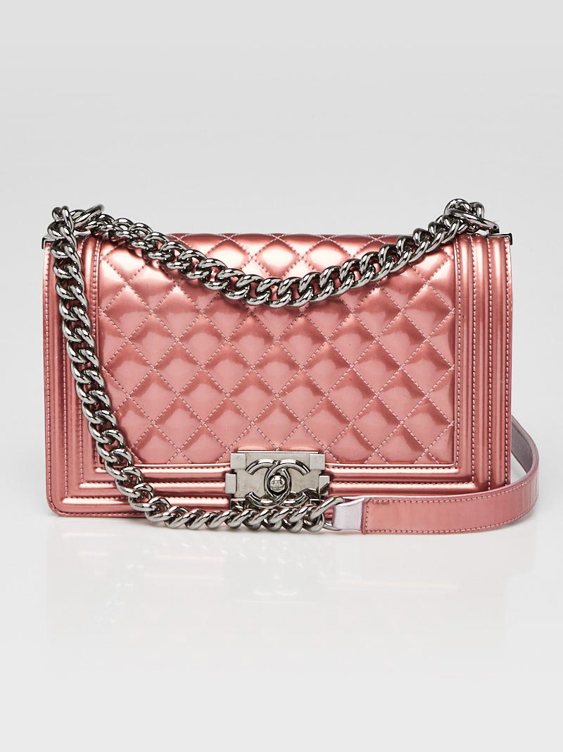 Chanel Pink Metallic Patent Leather Medium Boy Bag - Yoogi's Closet