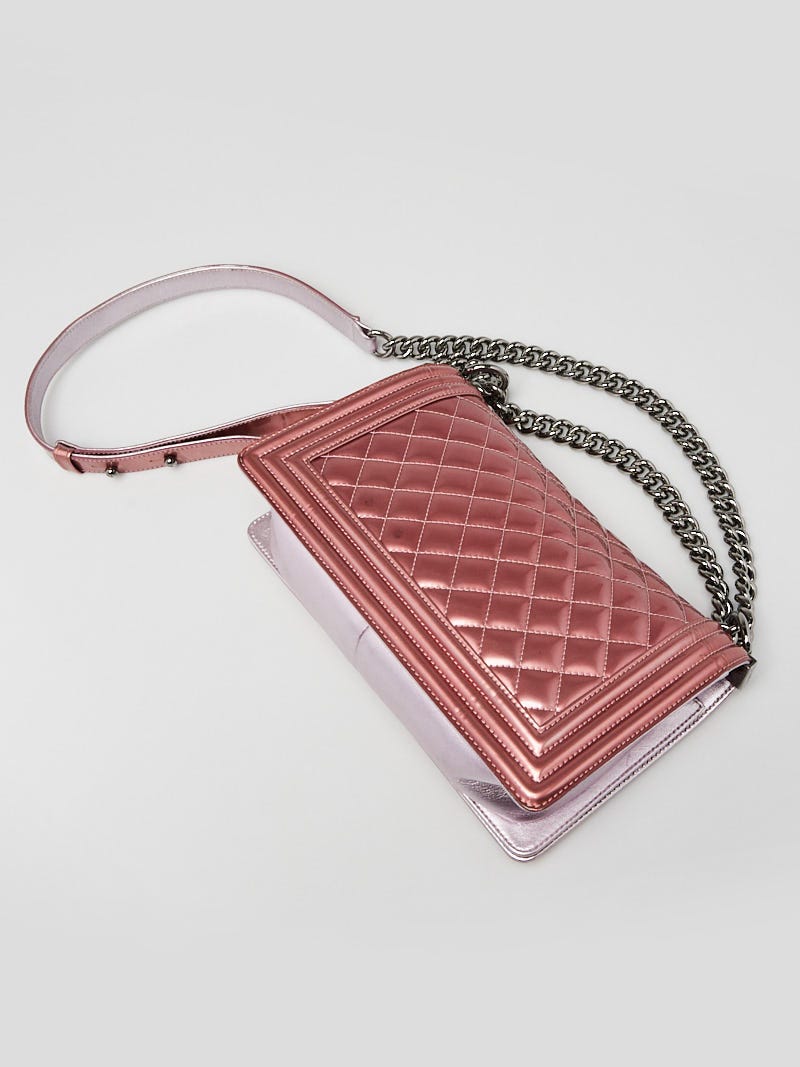 Chanel Pink Metallic Patent Leather Medium Boy Bag - Yoogi's Closet