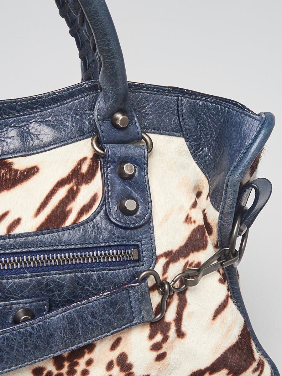 Balenciaga Blue Leather Brown/White Pony Hair Motorcycle