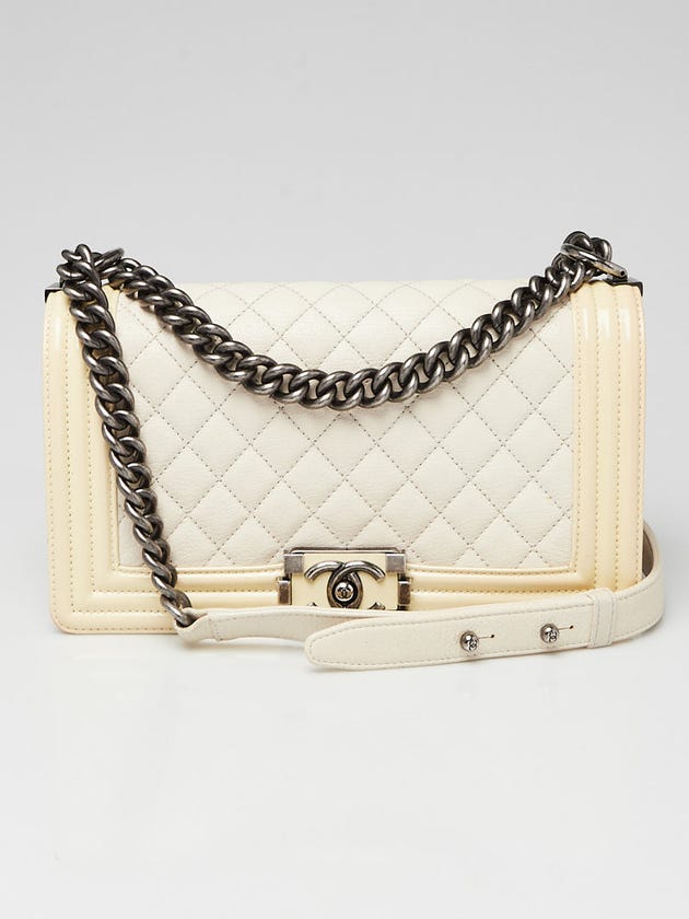 Chanel White/Beige Quilted Chevre and Patent Leather Medium Boy Bag