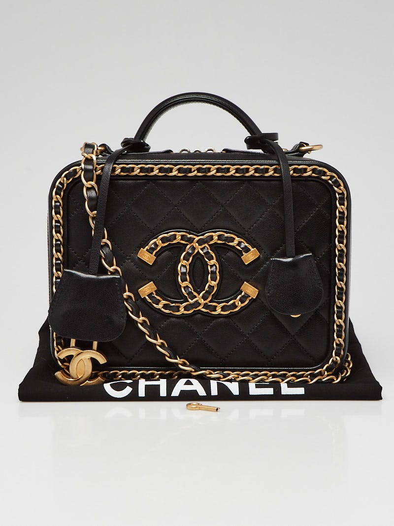 Chanel Black Quilted Goatskin Leather Chain Around Filigree Vanity