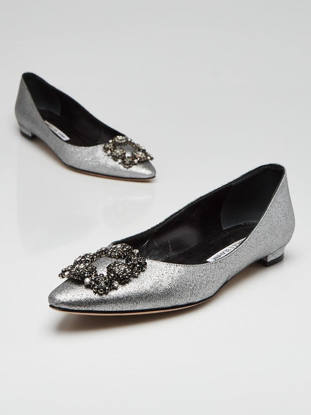 Manolo Blahnik Silver Fabric and Crystal Hangisi Ballet Flats Size 6.5/37