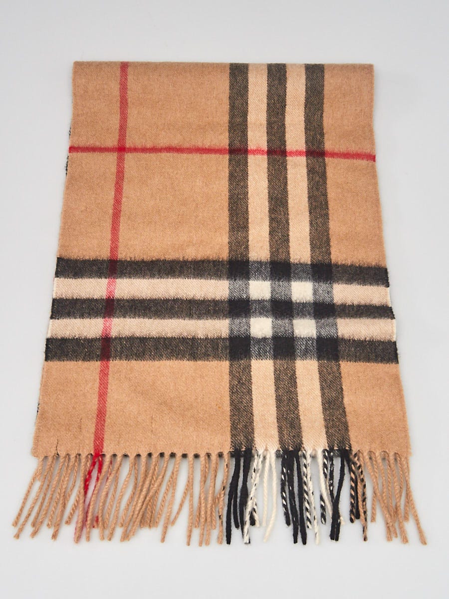 Burberry Beige Cashmere Classic Check Fringe Scarf | Yoogi's Closet
