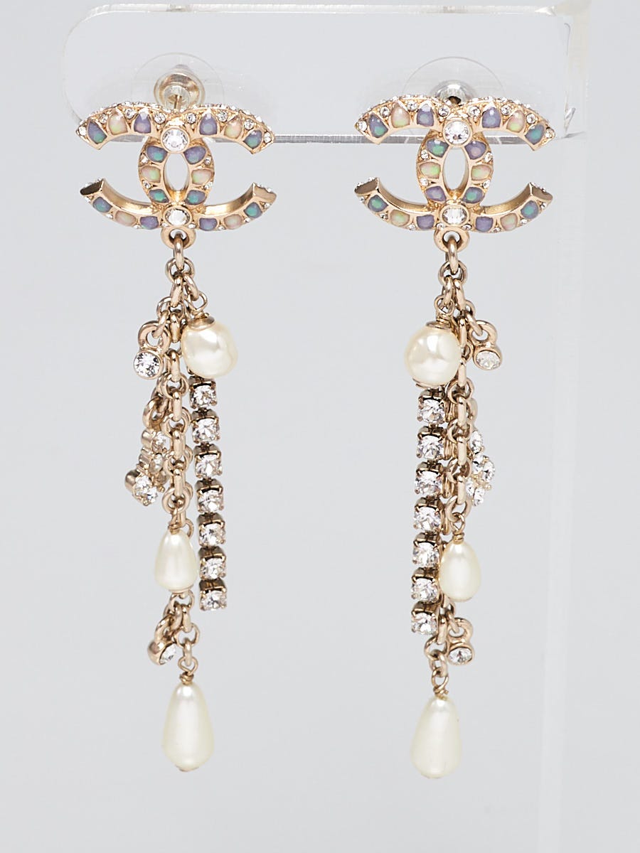 Chanel Crystal Faux Pearl and Goldtone Metal CC Drop Earrings