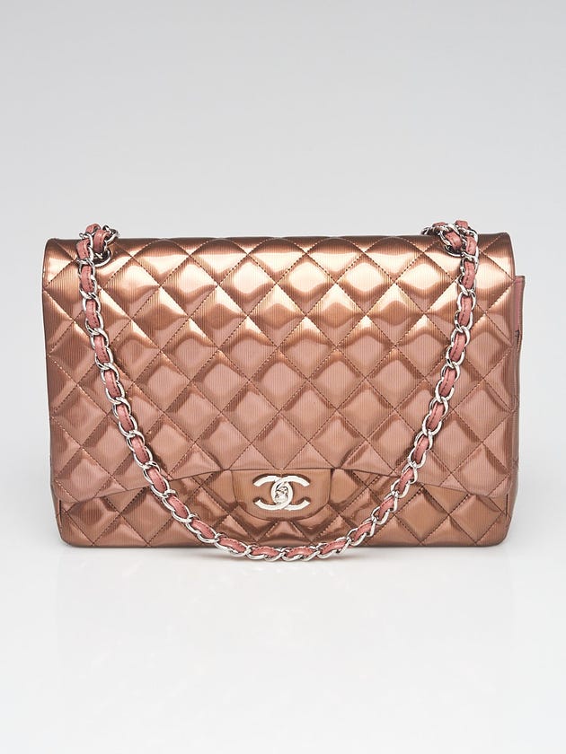 Chanel Bronze Striated Quilted Patent Leather Classic Maxi Double Flap Bag