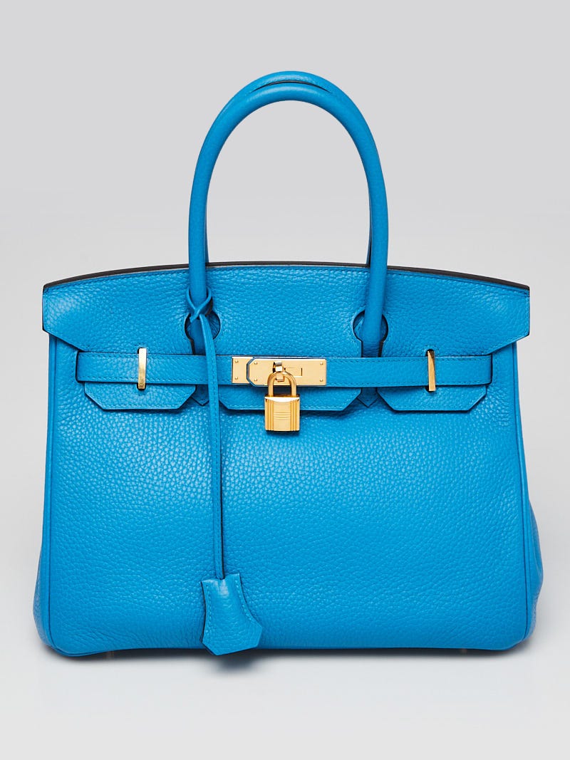 Hermes 30cm Bleu Zanzibar Clemence Leather Gold Plated Birkin Bag - Yoogi's  Closet