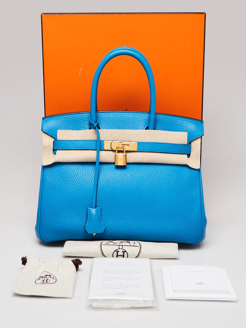 Hermes 30cm Bleu Zanzibar Clemence Leather Gold Plated Birkin Bag - Yoogi's  Closet