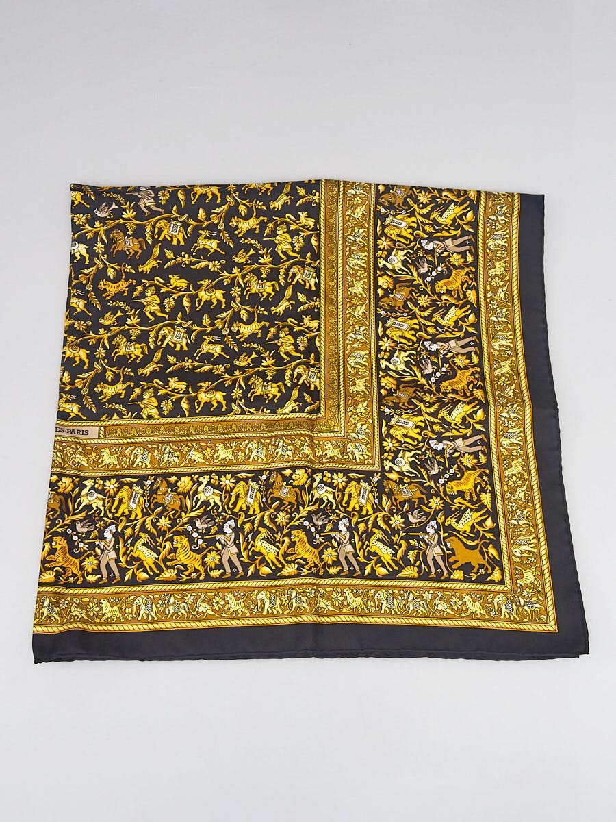 Hermes Black/Gold Silk 'Chasse en Inde' Print Michele Duchene 90cm