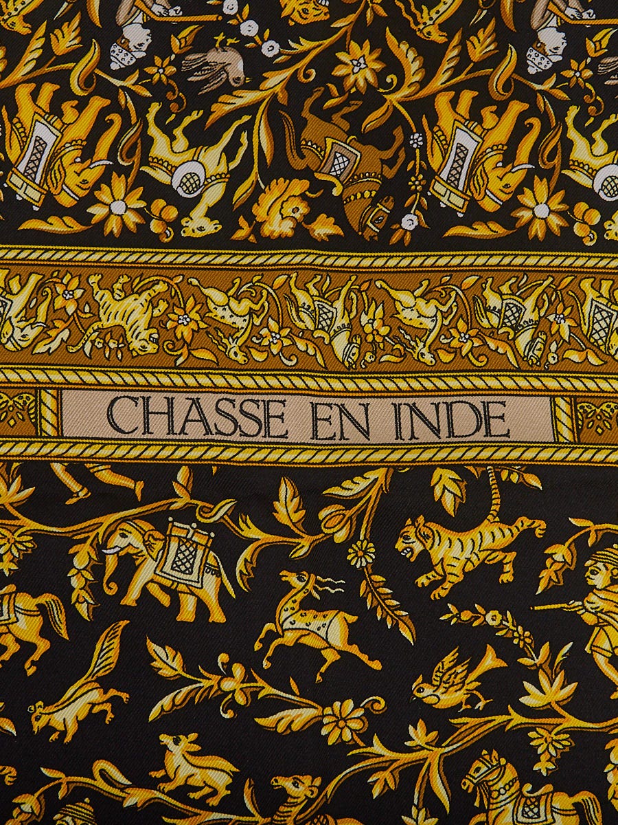 Hermes Black/Gold Silk 'Chasse en Inde' Print Michele Duchene 90cm