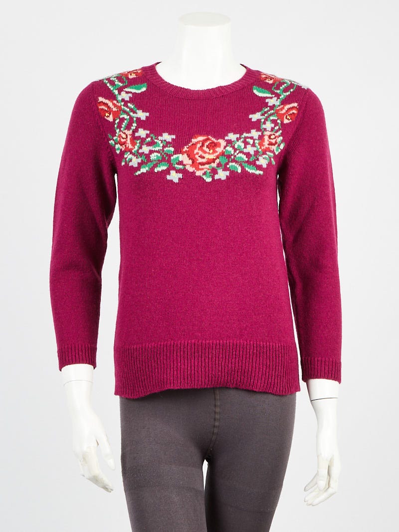 Gucci Purple Floral Knit Wool Crewneck Sweater Size XS - Yoogi's