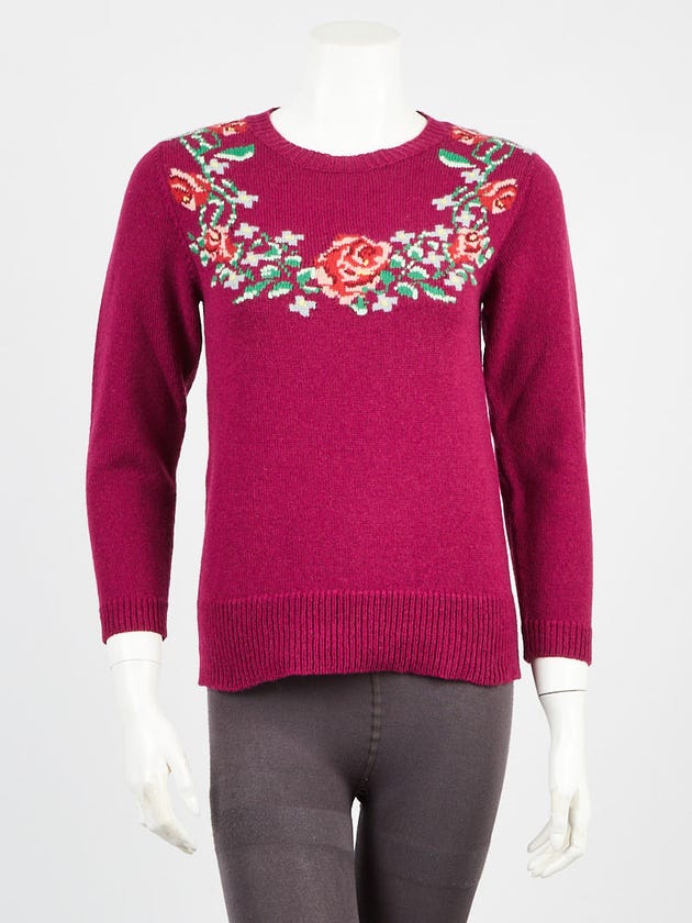 Gucci Purple Floral Knit Wool Crewneck Sweater Size XS