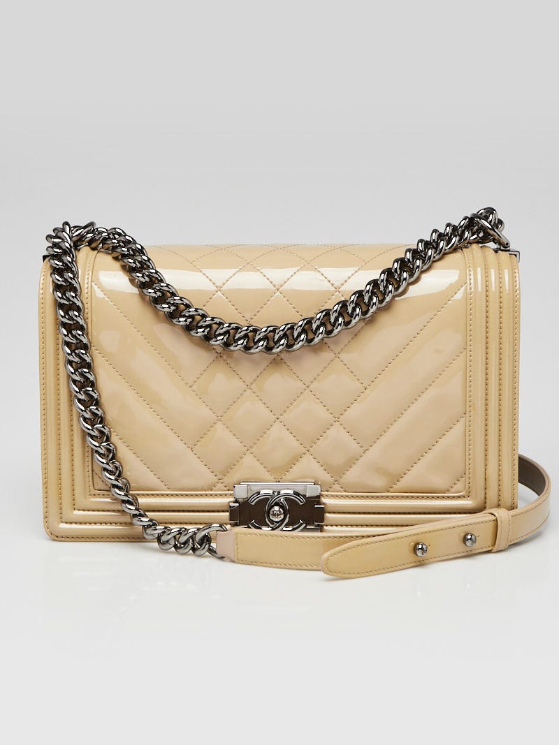 Chanel Beige Quilted Patent Leather New Medium Boy Bag - Yoogi's