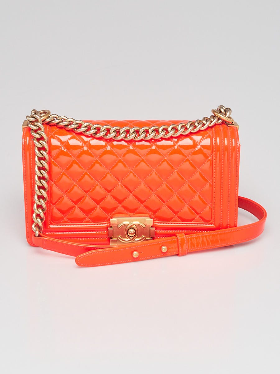 Chanel Fluo Orange Quilted Patent Leather Medium Boy Bag - Yoogi's Closet