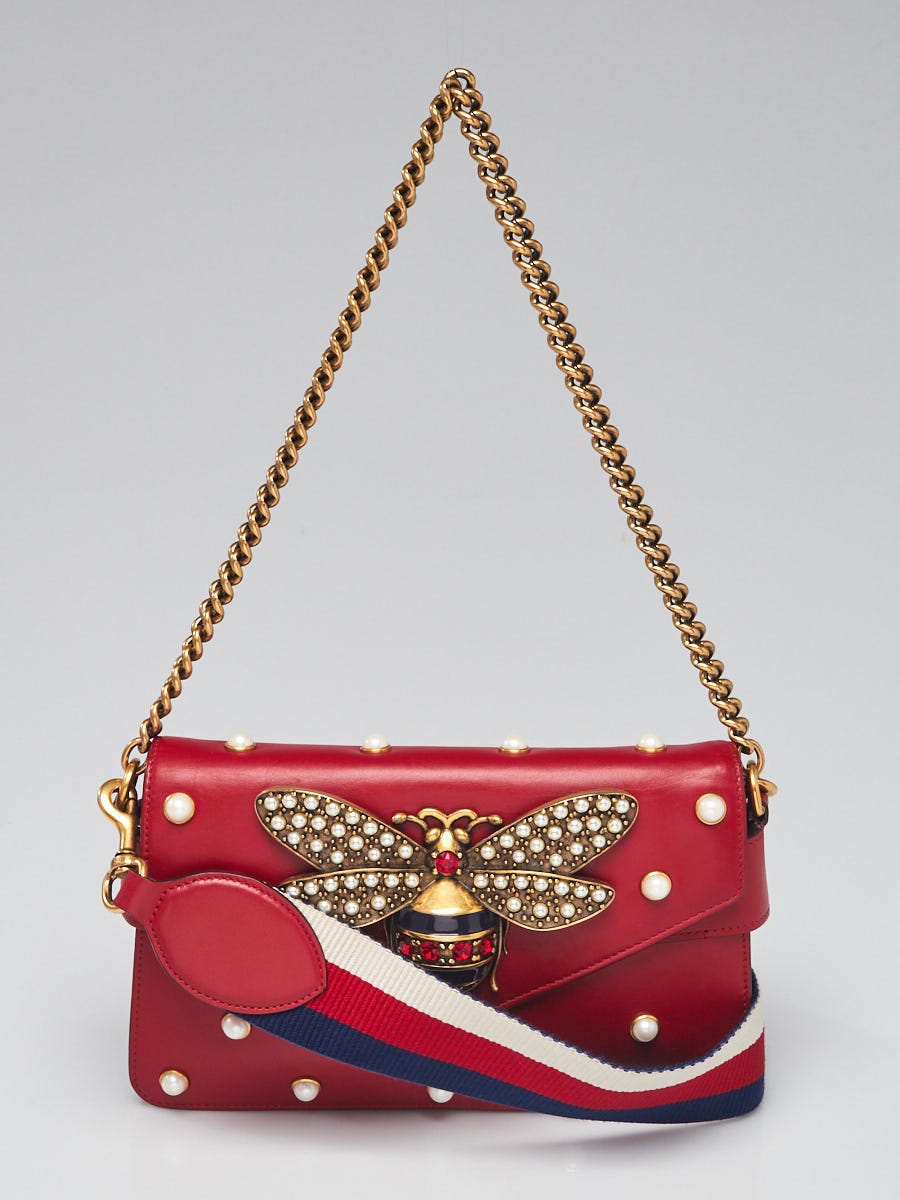 Gucci Bee Clasp Striped Leather Shoulder Bag in Red