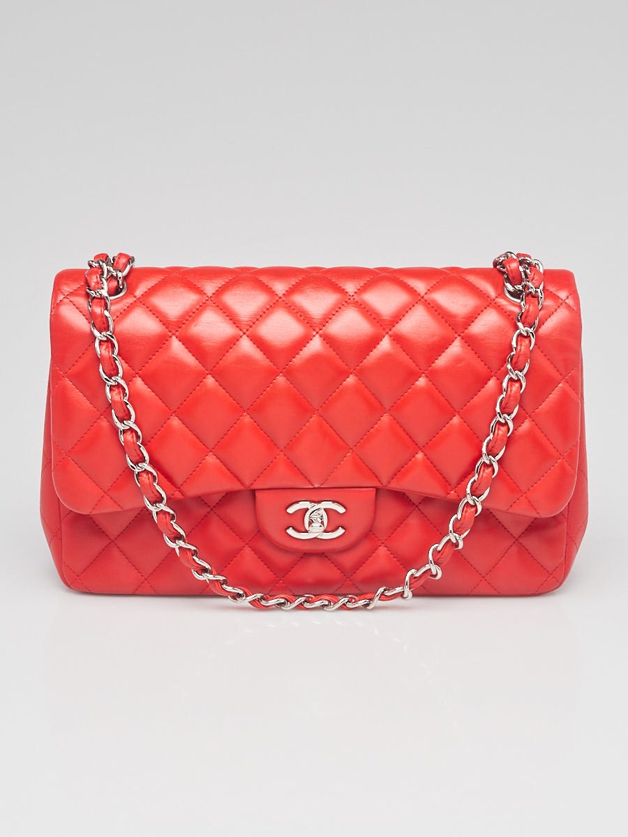 Chanel Red Quilted Lambskin Leather Classic Jumbo Double Flap Bag
