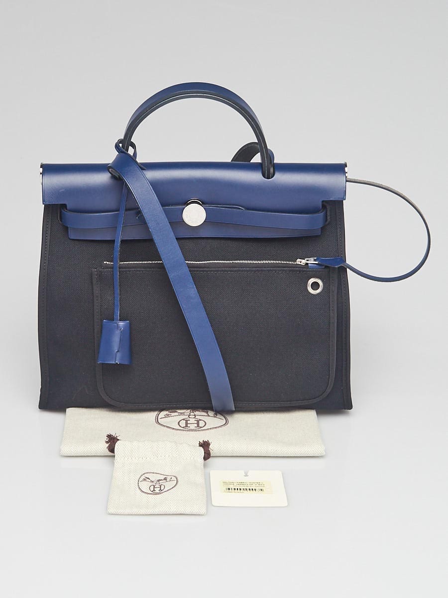 Hermes Black/Bleu Saphir Canvas and Hunter Leather Herbag Zip PM