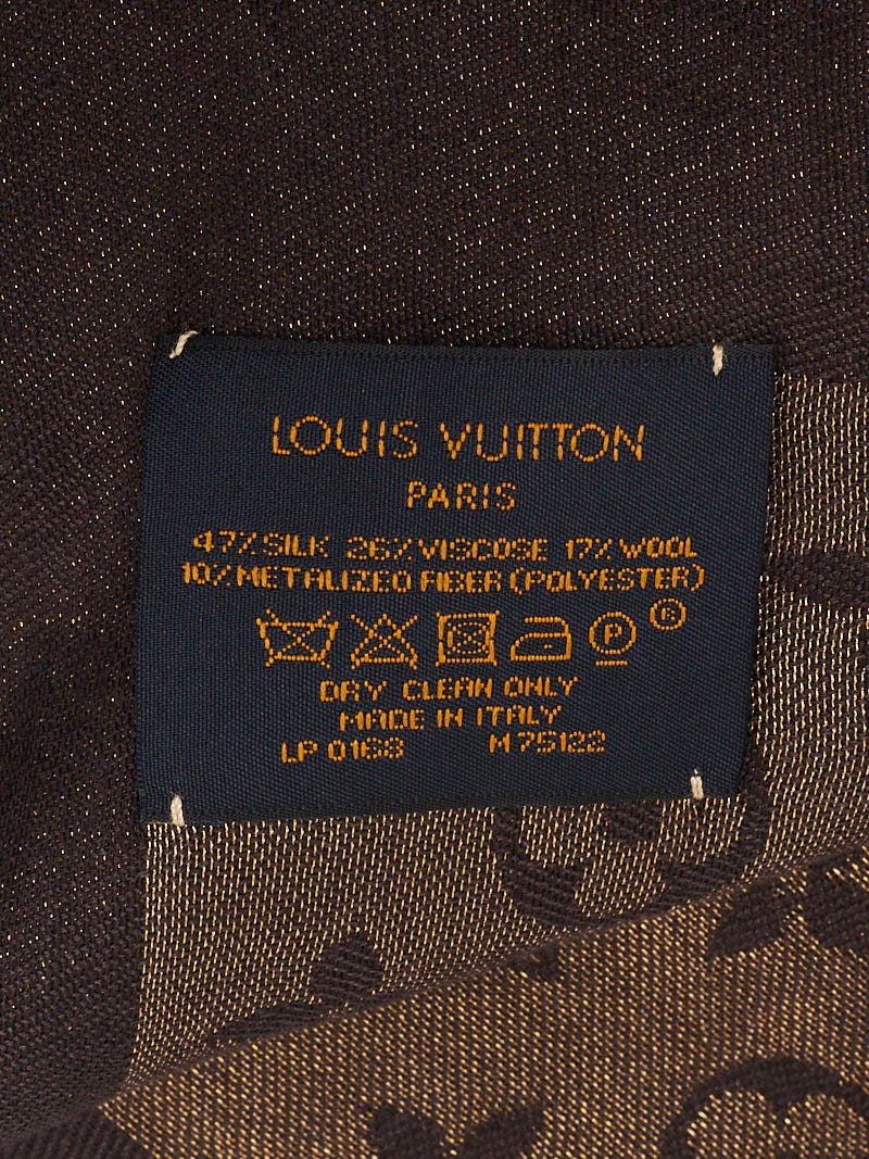 Louis Vuitton Bronze Monogram Wool/Silk Shine Shawl Scarf - Yoogi's Closet