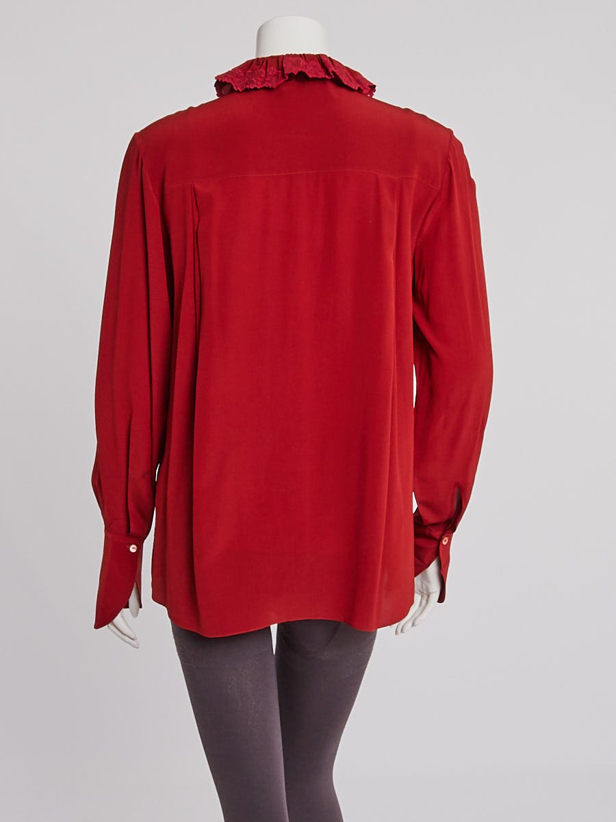 Chloe Peppery Red Silk Long Sleeve Neck Tie Lace Blouse Size 2/34