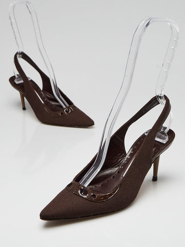 Manolo Blahnik Brown Canvas Slingback Pumps Size 5/35.5